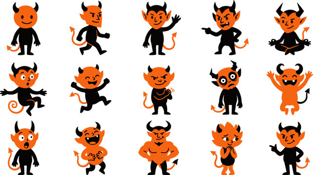 Set of cute cartoon devil character stickers showing various emotions and poses for creative design projects and digital art