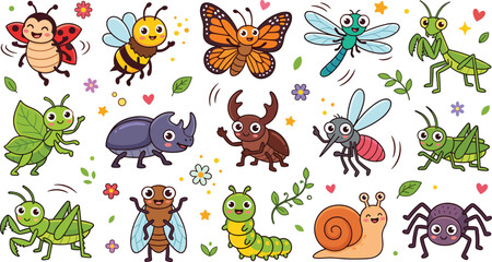 Obraz premium Cute Cartoon Insect and Bug Vector Collection Featuring Friendly Ladybug, Bee, Butterfly, Caterpillar, Snail, and Grasshopper Characters for Kids Designs