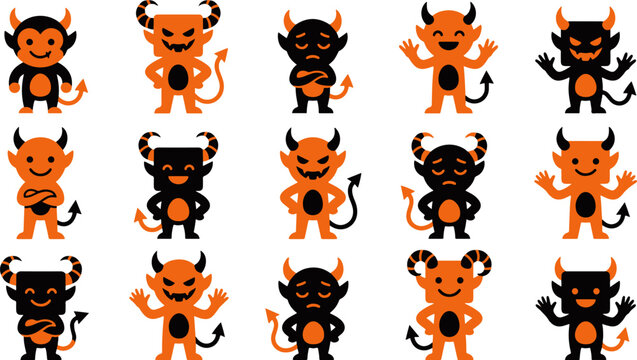 Set of cute cartoon devil characters with different poses and expressions isolated on a white background for design projects