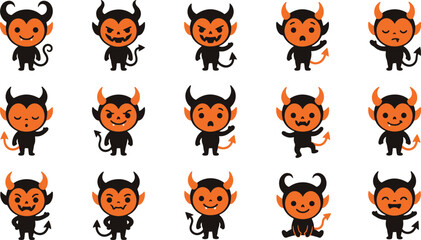 Naklejka premium A collection of cute cartoon devil character stickers showing various emotions and poses on a clean white background set