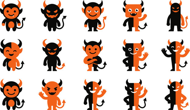 Set of cute cartoon devil character stickers with various poses and expressions isolated on a white background design element