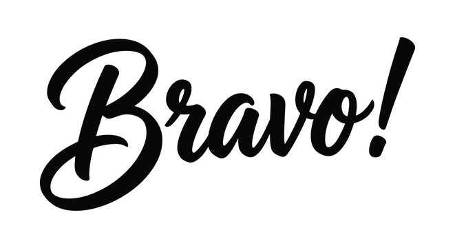 Bravo lettering in black ink a stylized calligraphic word on white background