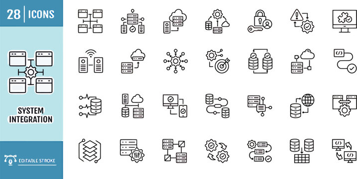 System integration vector icon set - cloud computing, network architecture and data transfer editable stroke line icons