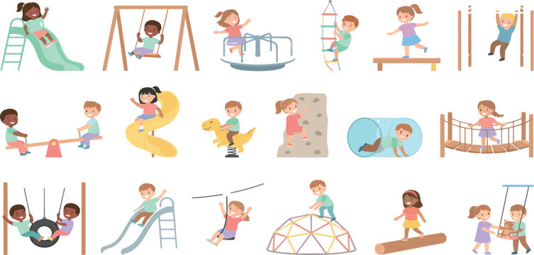 Happy Kids Having Fun on Playground Equipment Vector Icon Set Featuring Slides, Swings, Seesaw, Climbing Dome, and Zip Line for Children Graphic Designs