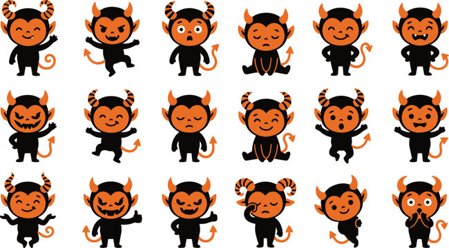 A collection of cute cartoon devil character stickers showing various expressions and poses for creative design projects and decorations