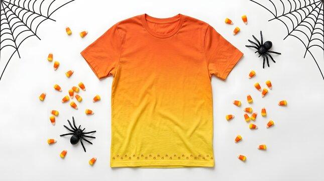 Halloween ombre tshirt with candy corn and spider web border isolated on white background