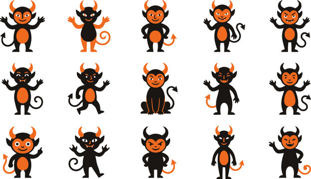 A collection of cute cartoon devil characters featuring various poses and expressions isolated on a clean white background set