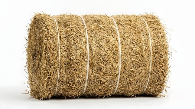 Large round hay bale tied with green twine for farm animal feed isolated on a white background, high quality studio shot of dry yellow grass fodder roll isolated on white background