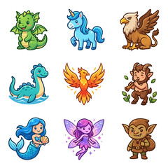 Obraz premium Cute Mythical Creatures Cartoon Collection: Dragon, Unicorn, Griffin, Mermaid, Fairy, Goblin