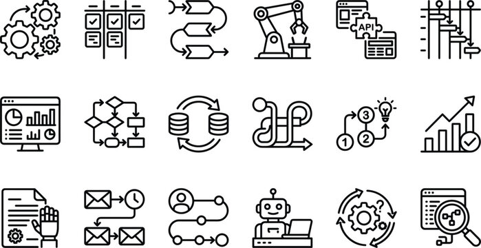 Business process automation line icon set, workflow flowchart, project management, robotic data integration technology vector.
