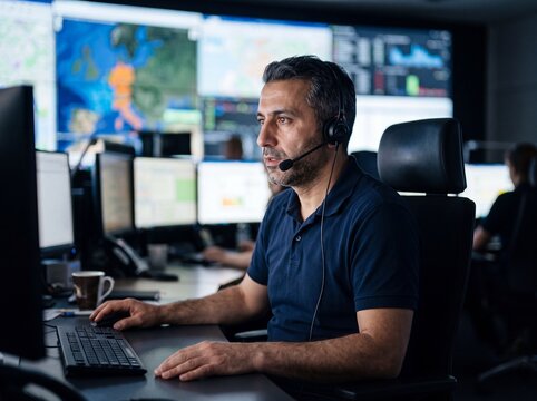 Konzentrierter Mann mit Headset arbeitet nachts in einer Leitstelle vor gro&szlig;er Bildschirmwand am Dispatch-Arbeitsplatz