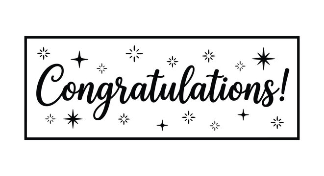 Congratulations lettering with star and sparkle ornaments black on white background