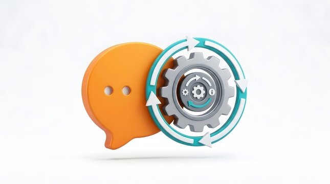 3d render of an orange speech bubble icon with a grey mechanical gear and blue refresh arrows circling it representing communication process and feedback loop isolated on white background