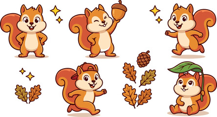 Cute Squirrel Vector Clipart Set with Funny Cartoon Character Poses Acorn Pinecone and Oak Leaves for Kids Autumn Outing Graphic Design Projects