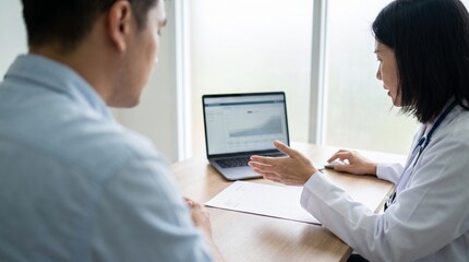 Fototapeta premium Doctor consulting patient in office. Physician explaining medical data on laptop screen.
