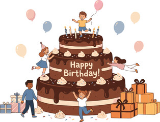 Cute cartoon children celebrating around huge tiered chocolate birthday cake with candles balloons and gifts vector greeting card illustration isolated on white background