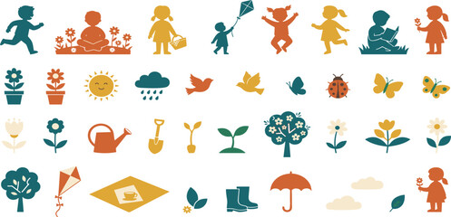 Fototapeta premium Children Gardening and Spring Outdoor Activities Icon Set Featuring Kids, Flowers, Trees, Weather Elements, and Picnic Symbols for Nature Graphic Designs