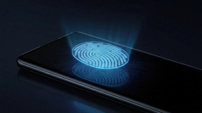 Biometric fingerprint scanner on smartphone screen. Digital security access technology concept.