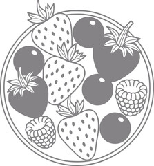 Un bol de bayas frescas y fresas, ilustrado en tonos grises