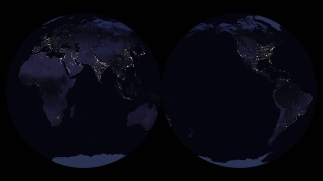 Interrupted Mollweide Hemispheres world map projection with animated night lights texture. Two equal-area hemispheres display global city lights from space.