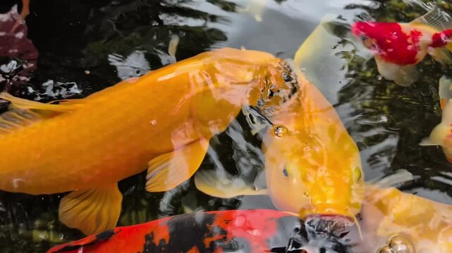 Many vibrant multicolored koi fish and comet goldfishes with large textured scales crowding in clean pond water with ripples and sky reflections, looking for food. 