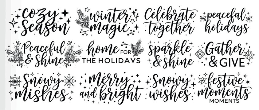 Collection of black calligraphy Christmas and winter holiday quotes and lettering on white background