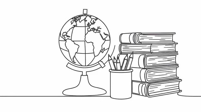 A one-line drawing of a still life on the theme "Back to School": a stack of textbooks, pencils in a cup, and a globe on a white background. Suitable for school promotions, "Back to School" campaigns.