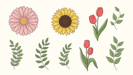 Naklejka premium Beautiful hand drawn flowers and leaves set including daisy, sunflower, and tulips for various garden themed designs.