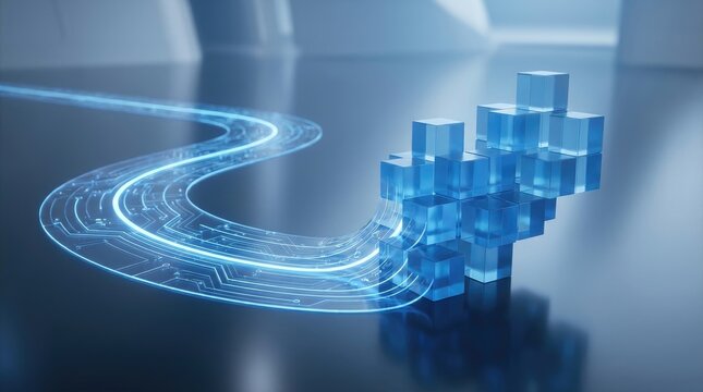 Digital data stream flowing into blocks. Abstract technology concept of information processing.