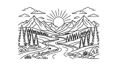 Naklejka premium Minimal Mountain River Nature Line Art Black and White Vector