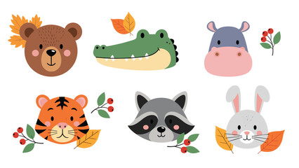 Fototapeta premium Adorable wild animal faces set with autumn leaves and red berries including bear, tiger, raccoon, and hippo characters.