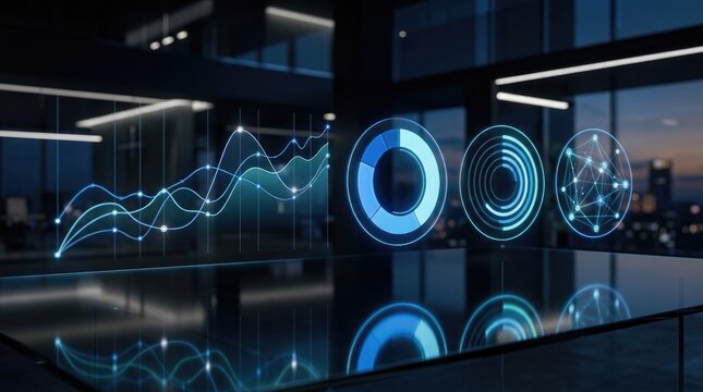 Fintech dashboard with digital line charts. Futuristic financial data visualization interface.
