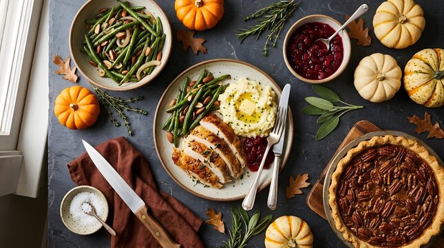 Top down view of a festive holiday dinner table featuring roasted turkey mashed potatoes green beans and pecan pie for halloween celebration
