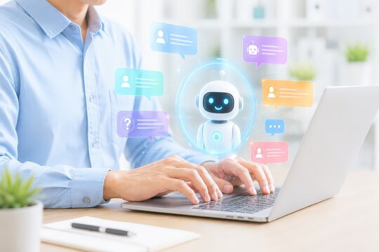 Person working on laptop with ai chatbot interface and digital communication icons