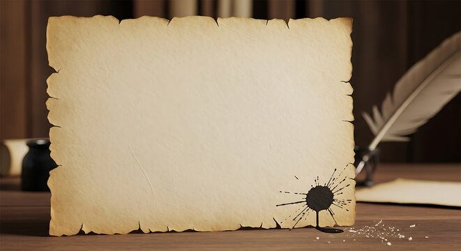 Old parchment paper with quill pen and inkwell on wooden desk.