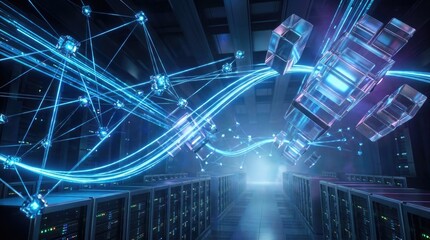 Fototapeta premium Futuristic data network visualization. Digital information flow in a server room.