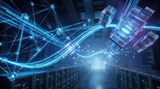 Futuristic data network visualization. Digital information flow in a server room.