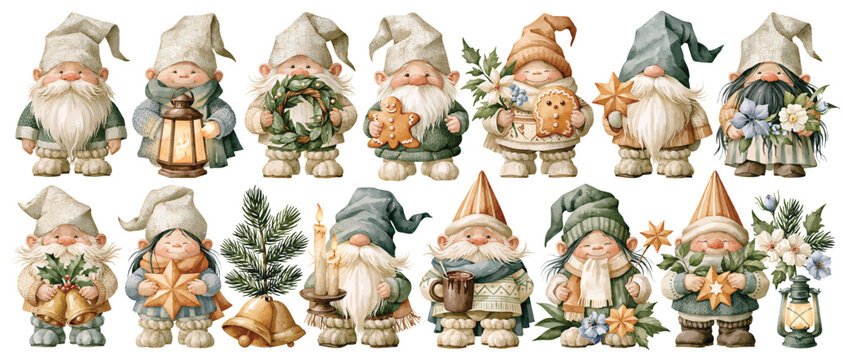 Collection of watercolor Christmas gnomes with holiday elements on white background