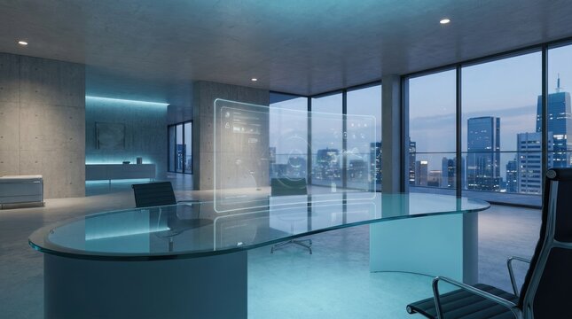 Modern futuristic office interior. Empty corporate workspace with panoramic city view.