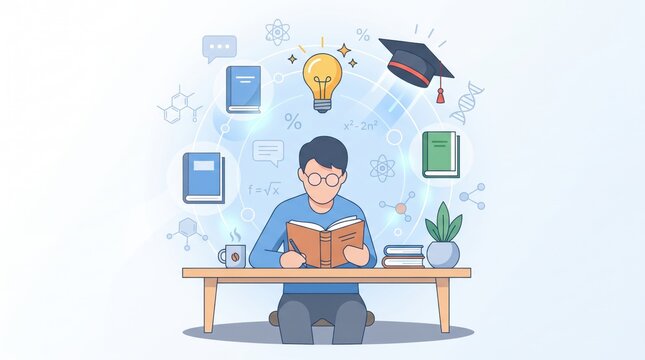 Student studying at desk with books and educational icons floating around head, learning concept illustration, knowledge acquisition, school education, academic success, online ...