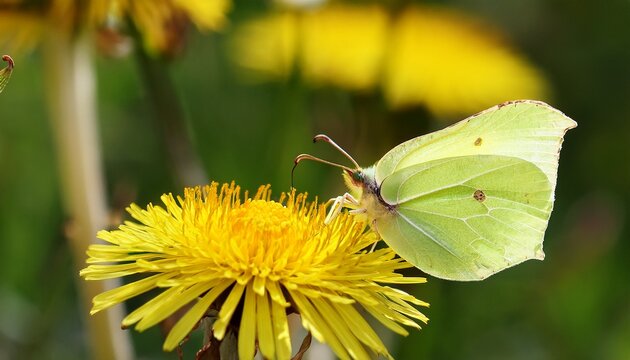 Brimstone Butterfly Feeding On A Yellow Coltsfoot Flower In Spring