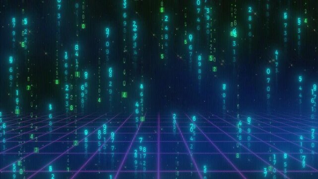 Binary digits descend over a reflective neon grid surface representing a virtual data environment.