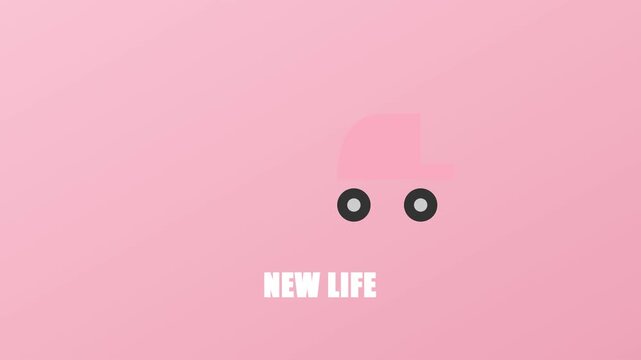 New life minimalist animation with baby stroller on pink 4k background, pram