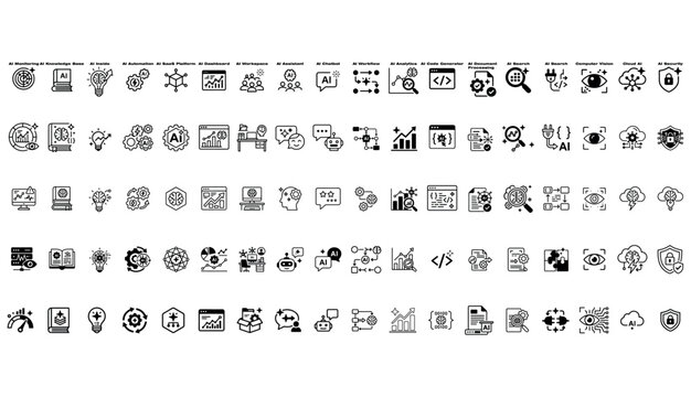 AI SaaS platform icon set featuring artificial intelligence chatbot assistant, machine learning cloud data, api integration, neural network code, and tech analytics symbols