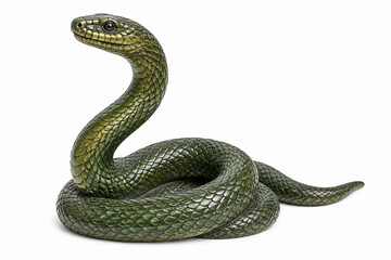 A green snake is coiled on a white background. © Anastasiia