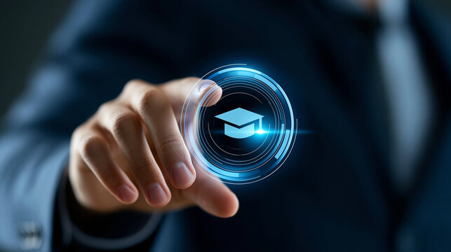 Faceless hand touching a virtual interface icon, e-learning webinar for college and professional certification, with copy space