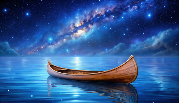 Wooden canoe floating on calm blue ocean water with soft reflections under a vibrant cosmic night sky filled with a bright glowing Milky Way galaxy and distant starlight clouds.