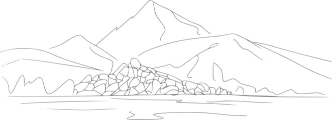 Fototapeta premium Una línea minimalista de un paisaje de cordillera rocosa reflejada en la superficie de un cuerpo de agua tranquila.