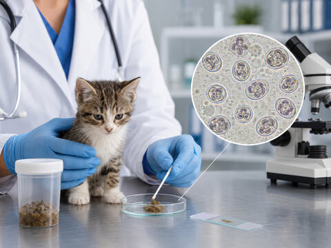 Veterinarian Testing Kitten Stool Sample for Coccidia Parasites