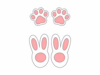 Lindo dibujo animado con orejas de conejo rosa y huellas de patas aislado sobre un fondo blanco liso.